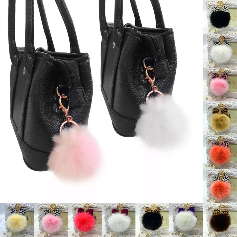 Pom Pom Leopard Faux Rabbit Fur KeyFob Purse Charm - Picture 2 of 5